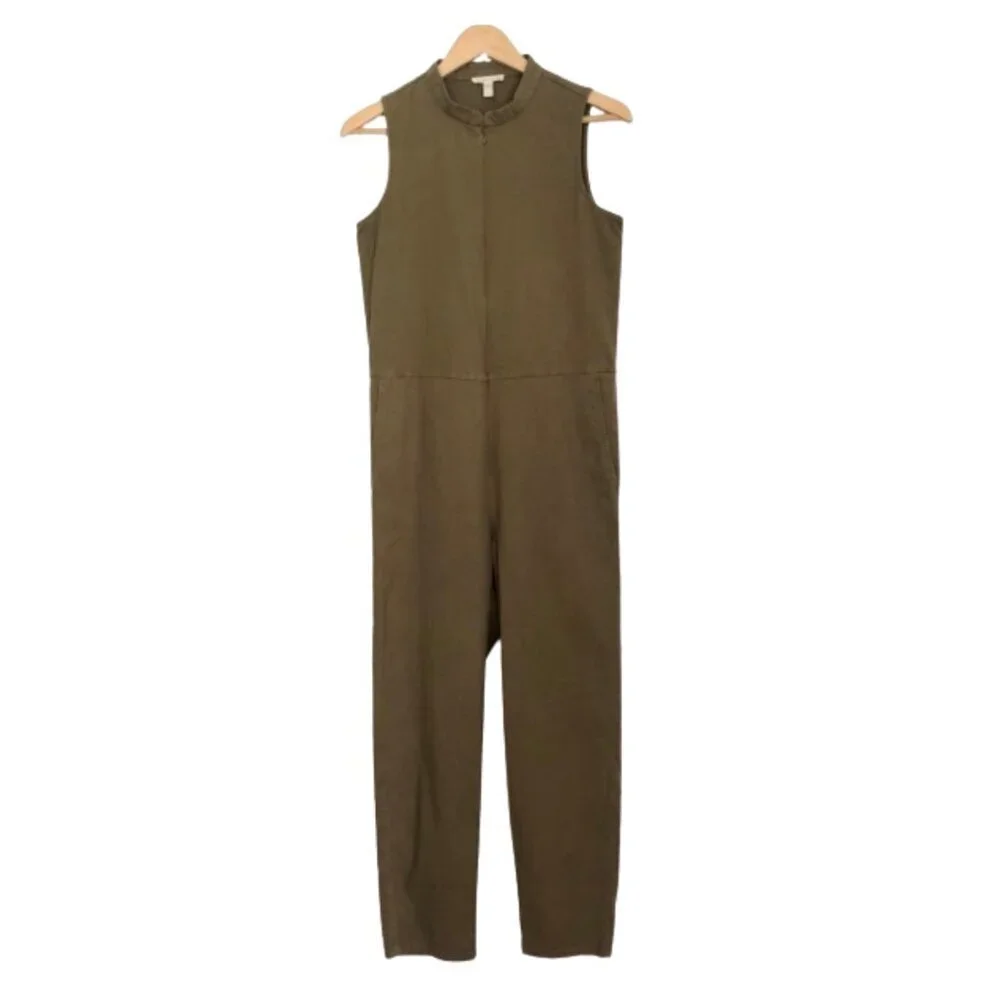 Eileen Fisher Cotton Hemp Stretch Zip Up Jumpsuit Olive Green XXS
